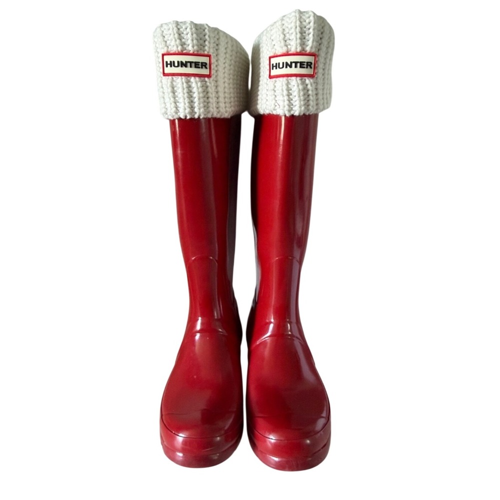 Hunter Red Tall Rain Boots with White Knit Cuffs